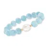 Ross-simons 12-13mm Cultured Baroque Pearl And Milky Aquamarine Stretch Bracelet With 14kt Yellow Gold In White