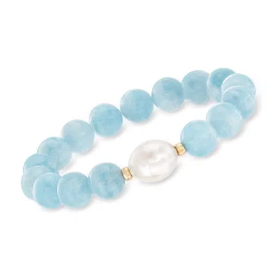 Ross-simons 12-13mm Cultured Baroque Pearl And Milky Aquamarine Stretch Bracelet With 14kt Yellow Gold In White
