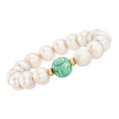 Ross-simons 12-13mm Cultured Pearl And Carved Jade "dragon" Bead Stretch Bracelet With 14kt Yellow Gold In Multi