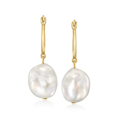 Ross-simons 12-13mm Cultured Pearl Hoop Drop Earrings In 18kt Gold Over Sterling In Yellow