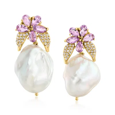 Ross-simons 12-15mm Cultured Baroque Pearl And Amethyst Floral Drop Earrings With . White Topaz In 18kt Gold Ove In Multi