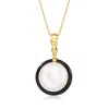 Ross-simons 12mm Cultured Pearl And 16mm Onyx Bezel-set Pendant Necklace In 14kt Yellow Gold In Multi