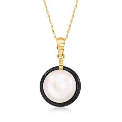 Ross-simons 12mm Cultured Pearl And 16mm Onyx Bezel-set Pendant Necklace In 14kt Yellow Gold In Silver