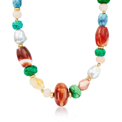 Ross-simons 13-15mm Cultured Baroque Pearl And Multi-gemstone Bead Necklace With 18kt Gold Over Sterling In Green