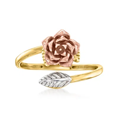 Ross-simons 14kt Tri-colored Gold Rose And Leaf Bypass Ring In Multi