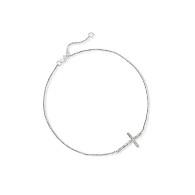 Ross-simons 14kt White Gold Sideways Cross Anklet With Diamond Accents In Multi