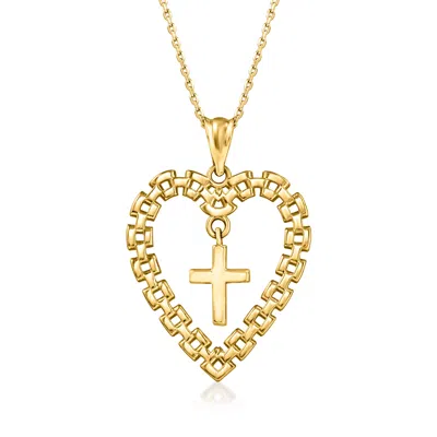 Ross-simons 14kt Yellow Gold Cross In Open-link Heart Pendant Necklace