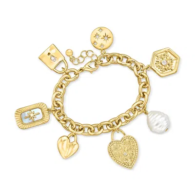 Ross-simons 14kt Yellow Gold-plated Charm Bracelet With Simulated Gemstones, Pearl And . Czs