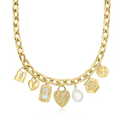 Ross-simons 14kt Yellow Gold-plated Charm Necklace With Simulated Gemstones, Pearl And . Czs