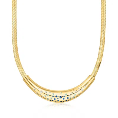 Ross-simons 14kt Yellow Gold-plated Herringbone Necklace With Simulated Tonal-blue And White Gemstones