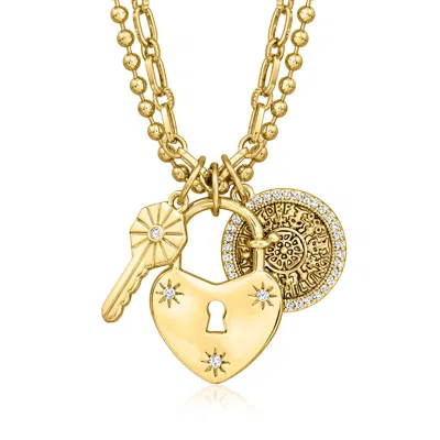 Ross-simons 14kt Yellow Gold-plated Key, Heart Lock And Coin Charm Necklace With Czs