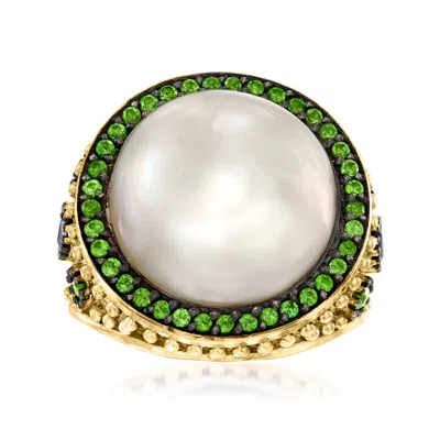 Ross-simons 15mm Cultured Mabe Pearl And . Chrome Diopside Ring With . Sapphires In 18kt Yellow Gold Over Sterli In Silver