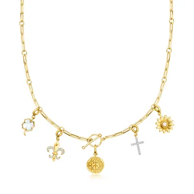 Ross-simons 18kt Gold Over Sterling "t And T Twin Talk" Multi-charm Paper Clip Link Toggle Necklace