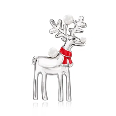 Ross-simons 2-4mm Cultured Pearl And Red Enamel Reindeer Pin/pendant In Sterling Silver With Black Spinel Accent
