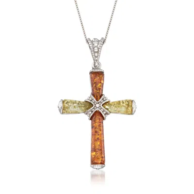 Ross-simons 2-tone Amber Cross Pendant Necklace In Sterling Silver In Multi