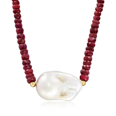Ross-simons 24x13mm Cultured Baroque Pearl And Ruby Bead Necklace With 18kt Gold Over Sterling In Multi