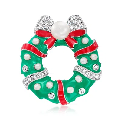 Ross-simons 2.5-8mm Cultured Pearl And White Topaz Christmas Wreath Pin With Red And Green Enamel In Sterling Si In Brown