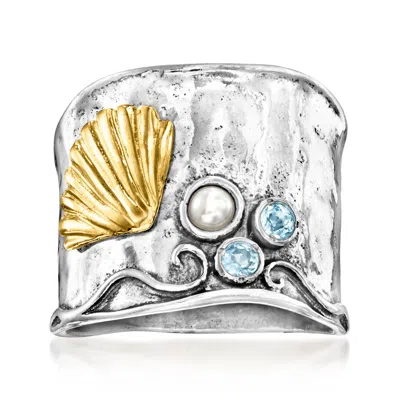 Ross-simons 2.75-3mm Cultured Pearl And . Swiss Blue Topaz Shell Ring In Sterling Silver And 18kt Gold Over Ster