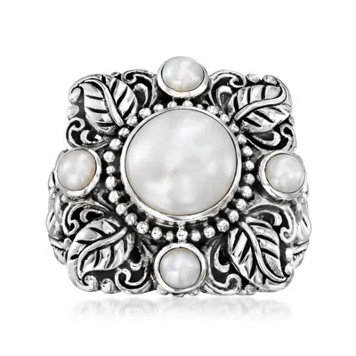 Ross-simons 3-10mm Cultured Pearl Bali-style Floral Ring In Sterling Silver In White