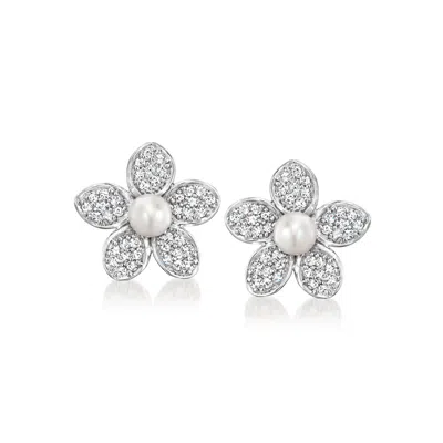 Ross-simons 3-3.5mm Cultured Pearl And . Diamond Flower Earrings In Sterling Silver