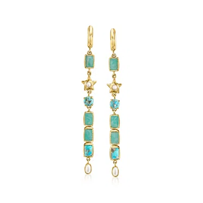 Ross-simons 3-3x5mm Cultured Pearl And Multi-gemstone Celestial Linear Drop Earrings In 18kt Gold Over Sterling In Blue