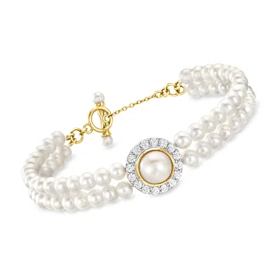 Ross-simons 3-8.5mm Cultured Pearl And White Zircon Bracelet In 18kt Gold Over Sterling In Multi