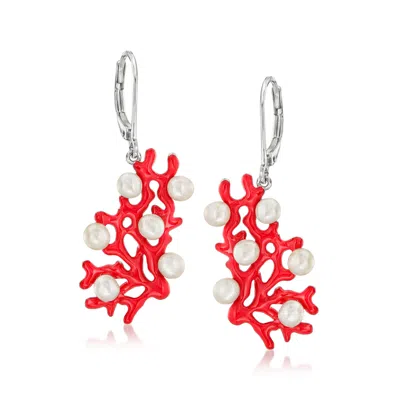 Ross-simons 3.5-4mm Cultured Pearl And Red Enamel Coral Reef Drop Earrings In Sterling Silver