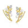 Ross-simons 3.5-4mm Cultured Pearl Leaf Ear Climbers With Diamond Accents In 14kt Yellow Gold In Silver