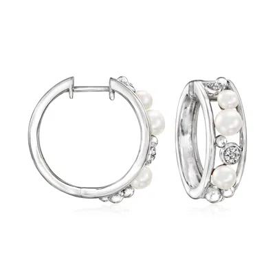 Ross-simons 3.5-5mm Cultured Pearl Hoop Earrings With Diamond Accents In Sterling Silver