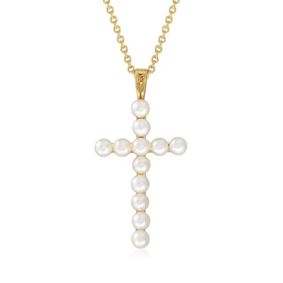 Ross-simons 3.5-4mm Cultured Pearl Cross Pendant Necklace In 18kt Gold Over Sterling