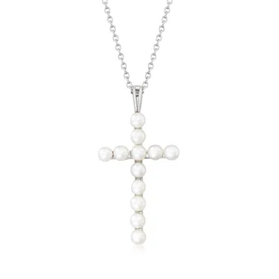 Ross-simons 3.5-4mm Cultured Pearl Cross Pendant Necklace In Sterling Silver In White
