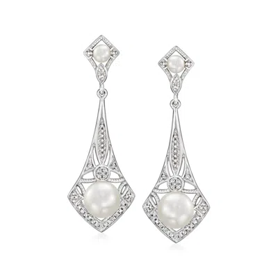 Ross-simons 3.5-7.5mm Cultured Pearl And . Diamond Vintage-style Drop Earrings In Sterling Silver In Metallic