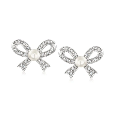 Ross-simons 4-4.5mm Cultured Pearl And . Diamond Bow Earrings In Sterling Silver In White