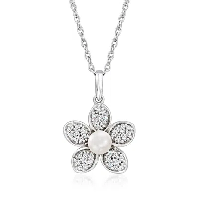 Ross-simons 4-4.5mm Cultured Pearl And . Diamond Flower Pendant Necklace In Sterling Silver In Multi