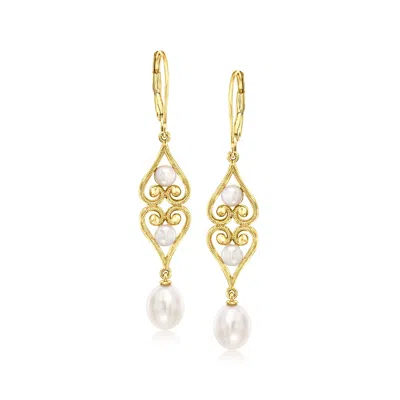 Ross-simons 4-7.5mm Cultured Pearl Scrolled Heart Drop Earrings In 18kt Gold Over Sterling In Yellow