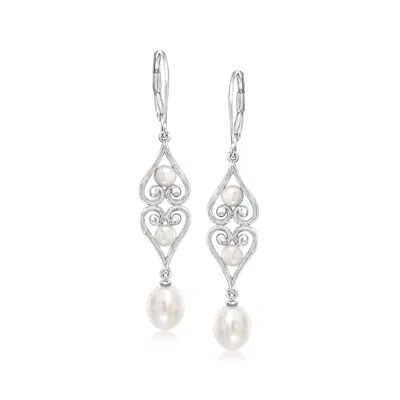 Ross-simons 4-7.5mm Cultured Pearl Scrolled Heart Drop Earrings In Sterling Silver In White