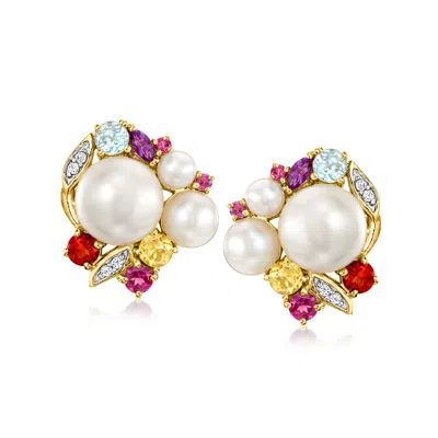 Ross-simons 4-9mm Cultured Pearl And Multi-gemstone Earrings In 18kt Gold Over Sterling