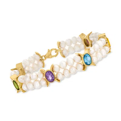 Ross-simons 4.5-5.5mm Cultured Pearl And Multi-gemstone Bracelet In 18kt Gold Over Sterling In White
