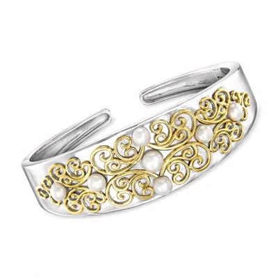 Ross-simons 4.5-5.5mm Cultured Pearl Cuff Bracelet In 2-tone Sterling Silver In Multi