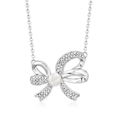 Ross-simons 4.5-5mm Cultured Pearl And . Diamond Bow Pendant Necklace In Sterling Silver In Multi