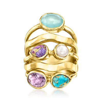 Ross-simons 4.5-5mm Cultured Pearl And Multi-gemstone Ring In 18kt Gold Over Sterling In Purple