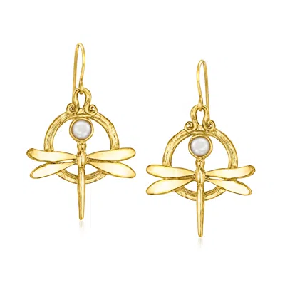 Ross-simons 4.5-5mm Cultured Pearl Dragonfly Drop Earrings In 18kt Gold Over Sterling In Yellow