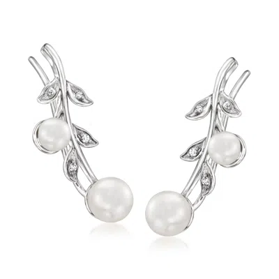 Ross-simons 4.5-6mm Cultured Pearl Leaf Ear Climbers With Diamonds In Sterling Silver In White