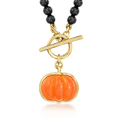Ross-simons 4mm Onyx Bead Toggle Necklace With Carnelian Pumpkin Charm In 18kt Gold Over Sterling