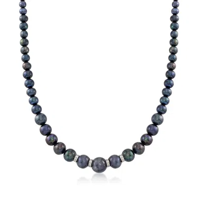 Ross-simons 5-11.5mm Graduated Black Cultured Pearl Necklace With . Diamonds And Sterling Silver In Multi