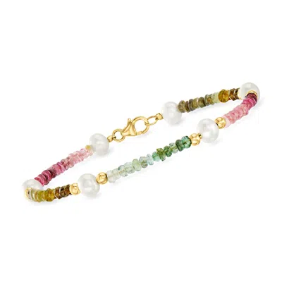 Ross-simons 5-5.5mm Cultured Pearl And Multicolored Tourmaline Bead Bracelet With 14kt Yellow Gold In Red