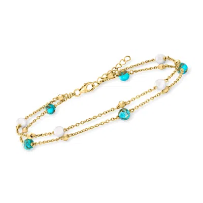 Ross-simons 5-5.5mm Cultured Pearl And Turquoise Bead 2-strand Anklet In 18kt Gold Over Sterling