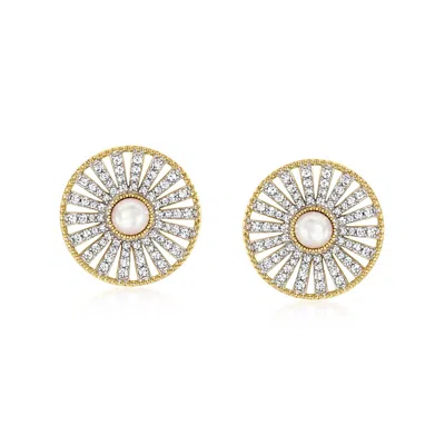 Ross-simons 5-5.5mm Cultured Pearl And White Zircon Earrings In 18kt Gold Over Sterling