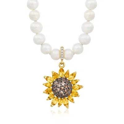 Ross-simons 5-5.5mm Cultured Pearl Necklace With Removable Multi-gemstone Sunflower Pendant In 18kt Gold Over St