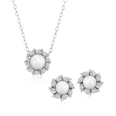 Ross-simons 5-6mm Cultured Pearl And Cz Jewelry Set: Halo Earrings And Necklace In Sterling Silver